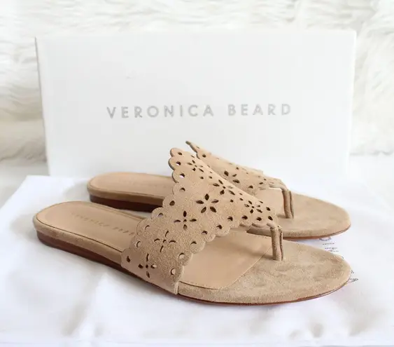 Veronica Beard Sylie Lasercut Eyelet Beige Suede Thong Sandal Flip Flops