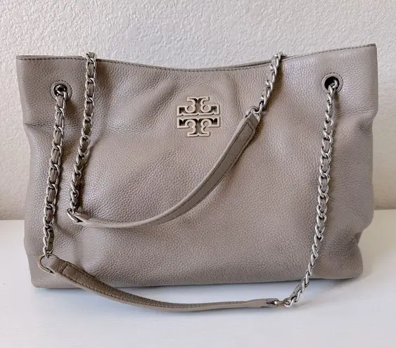 Tory Burch  Leather Britten Triple Compartment Tote Bag Purse in Bone Grey