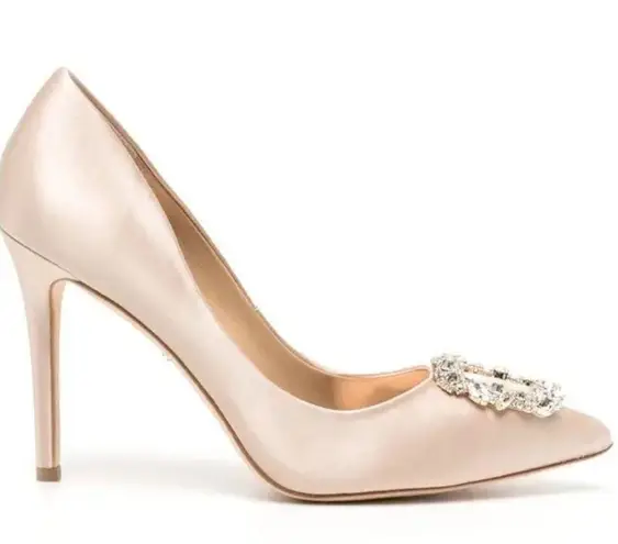 Badgley Mischka 110mm Crystal-Embellished Satin Buckle Pumps, Nude Size 8 NEW