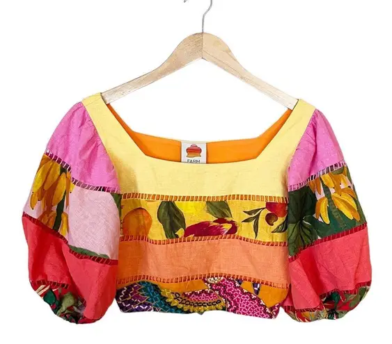 Farm Rio Tiered Top Rainbow Mixed Print Cropped Linen Multicolor Puff Sleeve Sm