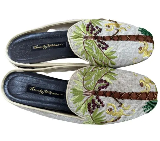 Beverly Feldman Beaded Monkey Palm Mules Vintage 7.5 M Women's Shoes Slide On