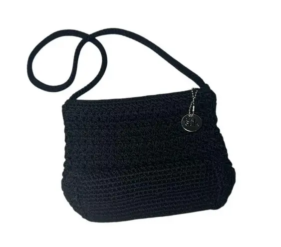 The Sak Black Crochet Knit Shoulder Bag with Silver Charm Casual Everyday Handbag