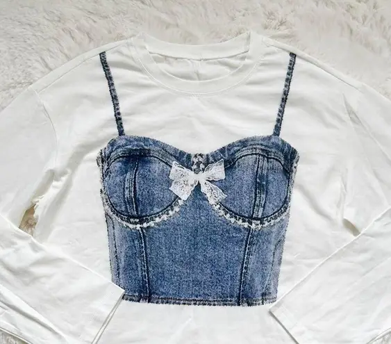 Dazy Denim Corset Print Longsleeve Tee White Size XS