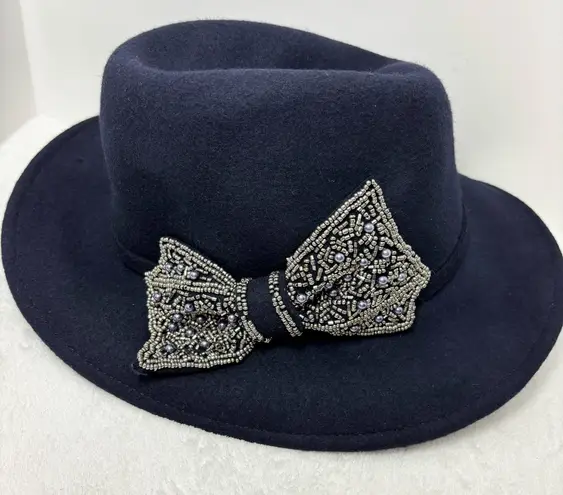 Something Special Elegant Navy Hat with Beaded Bow 100% wool felt Blue