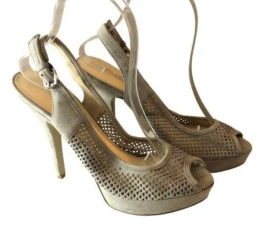 Enzo Angiolini Eascarla Suede Stiletto Cage Heels Peeptoe Slingback Beige 8.5