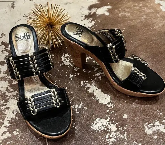 Sofft Shoes Fayann Slide Heel Sandal Black Leather Gold Metallic Cork Heel Size 7