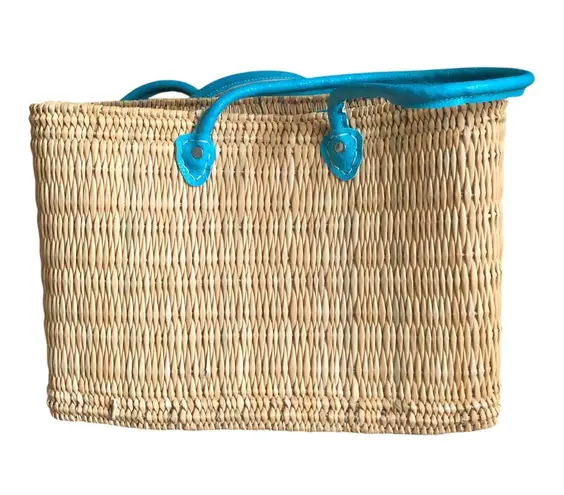 Misa Los Angeles Jane Straw Tote Bag With Blue Leather Double Handle NWOT