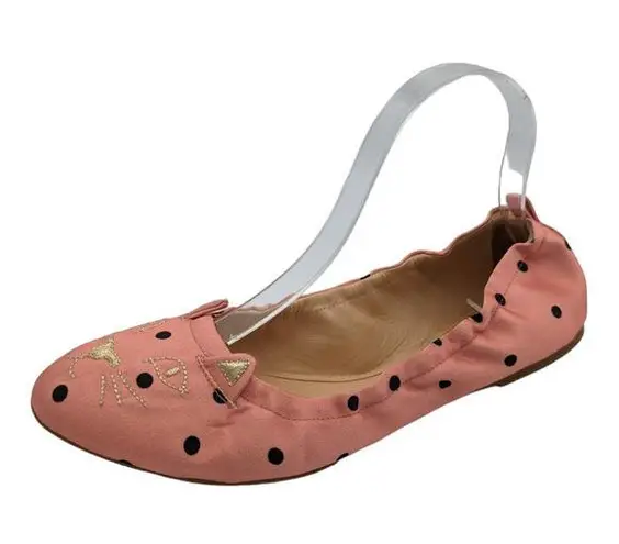 Charlotte Olympia  Pink Satin Kitty Cat Ballet Flat Black Polka Dots 39.5 US 9.5