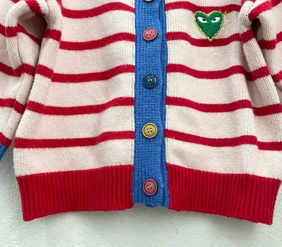 Striped Thick Knit Heart Patch 3/4 Sleeve Cropped Cardigan Sweater Red