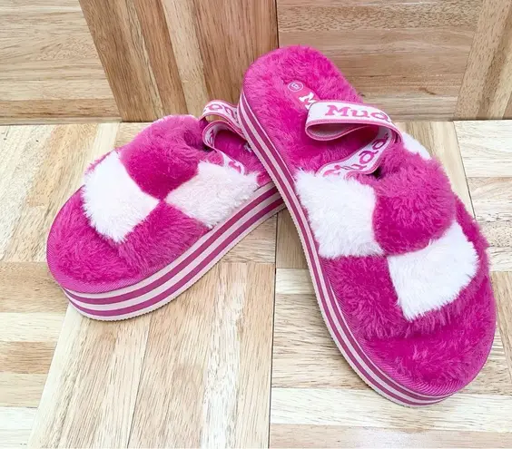 Mudd  Stormy Fuchsia/White Fuzzy Elastic Slingback Slides Platform Slippers Sz 9