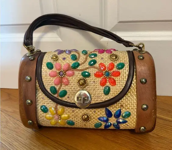 MAHLER Vintage Tropical Vacation Raffia Straw Floral Tiki Pinup 1960s Tan