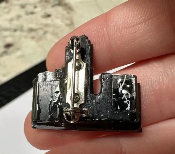 Handmade Handcrafted Enameled City Scene Building With Bridge Brooch Pin