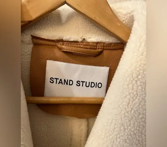 Stand Studio Dolores Tan Belted Shearling Shawl Collar Faux Leather Coat Size 8