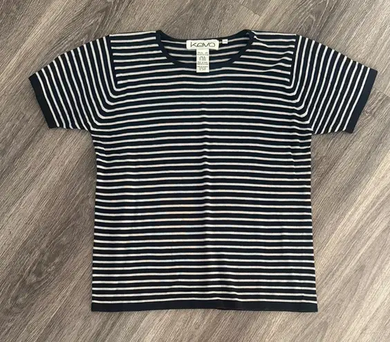 Black and Gray Striped Tee Silk Blend Casual Short Sleeve Top