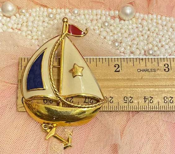 Sailboat Anchor Brooch Pin Gold Tone Nautical Ocean Sea Sailing