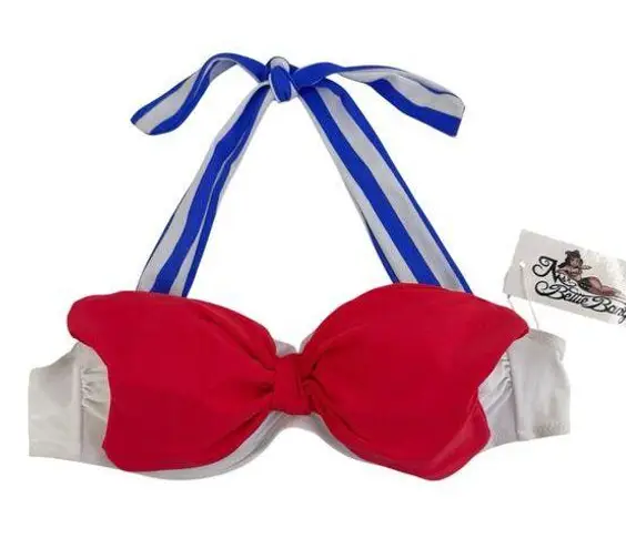 Ms Bettie Bangs sailor bikini top size Large pin up girl white red bd blue.