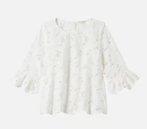 Rebecca Taylor  Adriana Floral Eyelet Ruffle Sleeve Sheer Pullover Blouse White 2