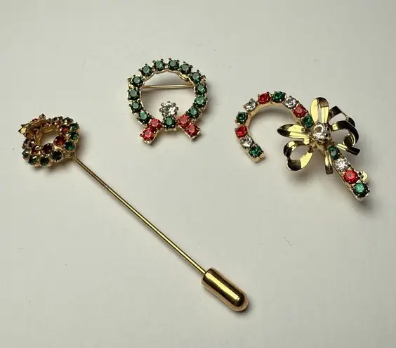 Rhinestone Christmas Holiday Lot Of 3 Brooch Pin Gold Tone Wreath / Candy Cane