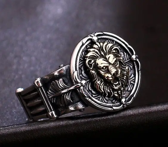 925 Silver Plated Adjustable Lion Head Ring for Men Women,Punk Hip Hop Ring