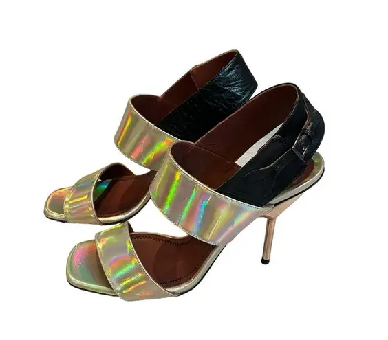 Missoni Shiny Gold with Black Buckle Slingback Sandals, Sz 37