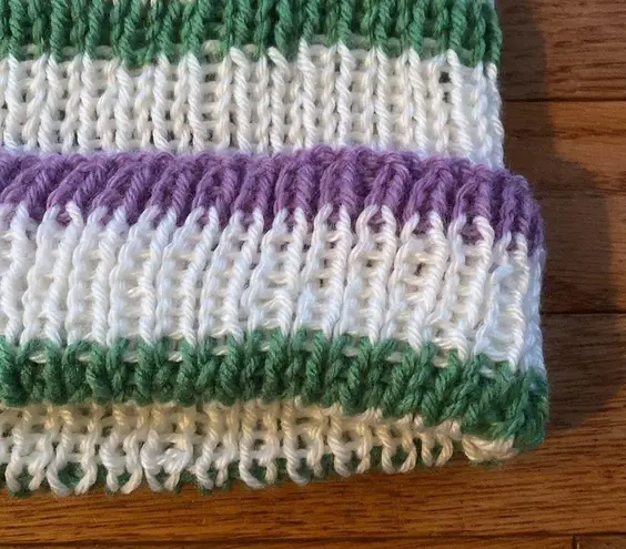 white green purple hand knit ribbed fisherman style beanie