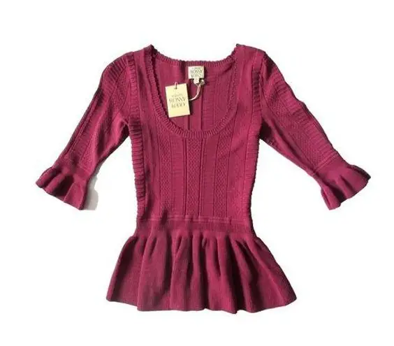 Torn By Ronny Kobo NWT KIMBERLY in Mauve Pointelle Textured Knit Peplum Top L