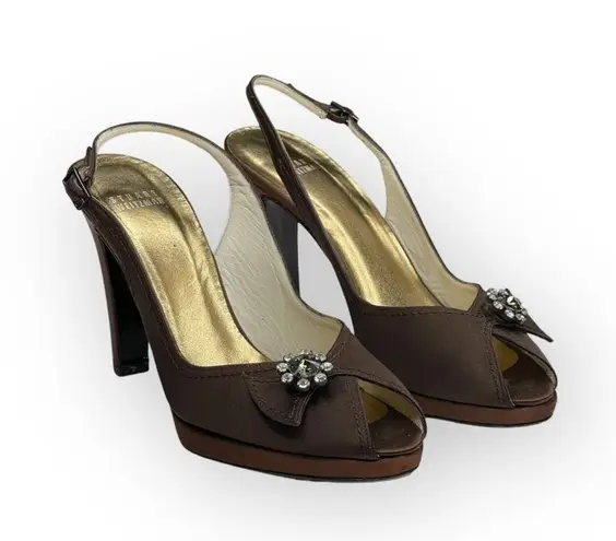 Stuart Weitzman ❤︎ Metallic Silk Peep Toe Slingback Heeled Sandals ❤︎ Chocolate - Image 9