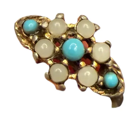 Vintage AVON Turquoise Bead and Seed Pearl Ring Silver Teal Blue Costume Jewelry