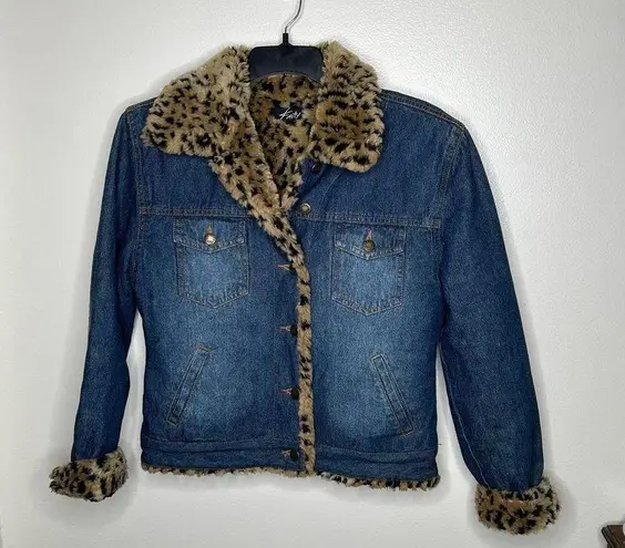 Vintage 90s 1990s y2k 2000s denim jacket with cheetah print faux fur lining retr Blue