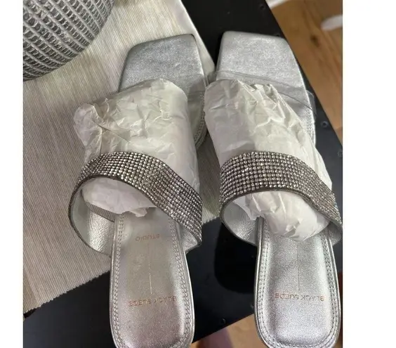 Black Suede Studio Cali SILVER Glitter Slide Sandal Womens Size 38.5