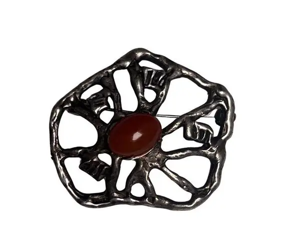 Vintage Brutalist Nouveau Gold Tone Brooch Bright Carnelian Center Stone Silver
