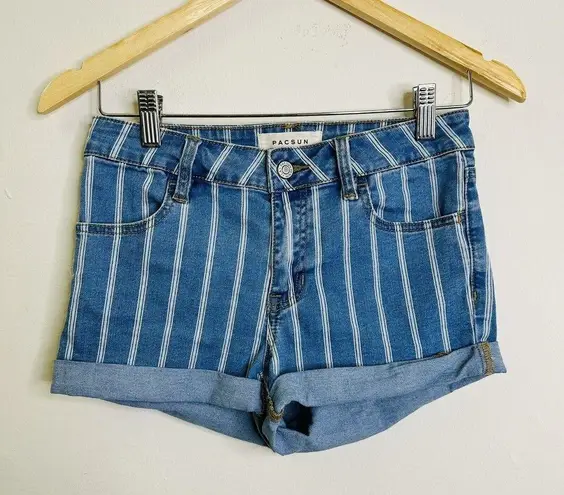 PacSun  Super Stretch Shortie Short 27 Blue Stripe Denim Rolled Cuffs High Rise