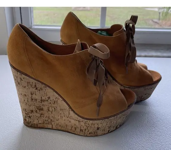 Gianvito Rossi Suede Cork Open Toe Lace Up Platform Shoes Orange/Beige Womens 37