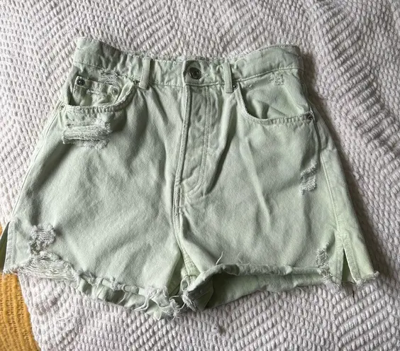 ZARA  Green Distressed Raw Hem Denim Jean Shorts