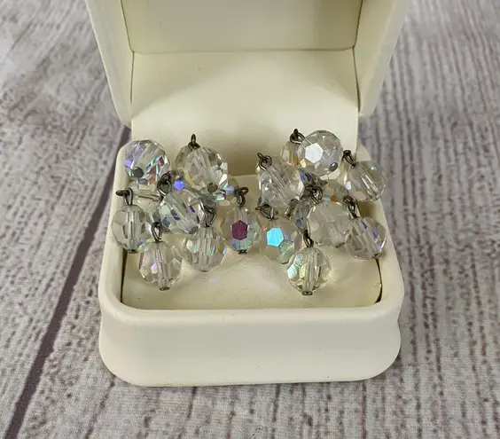 Jewelry necklace earrings and bracelet set Iridescent clear sparkle beads Silver