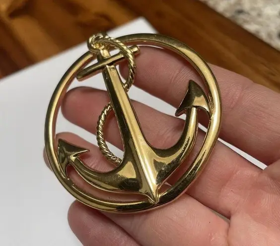 Signed Ship Rope Anchor Pin Brooch Gold Tone Nautical Sailor
