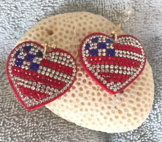Patriotic Rhinestone Earrings Heart Labor Day July 4th Veterans Memori…