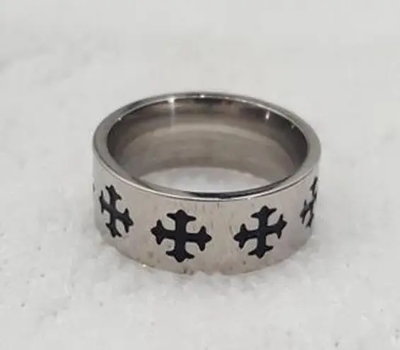 Silver Black Enamel Cross Band Ring Size