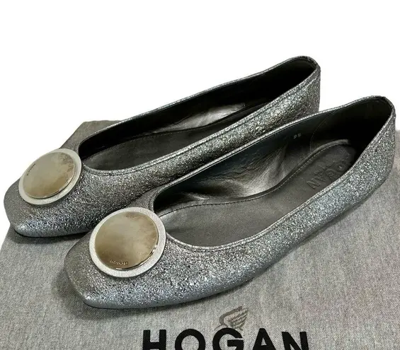 Hogan Silver Leather Wrap Metal Disc Ballet Flats