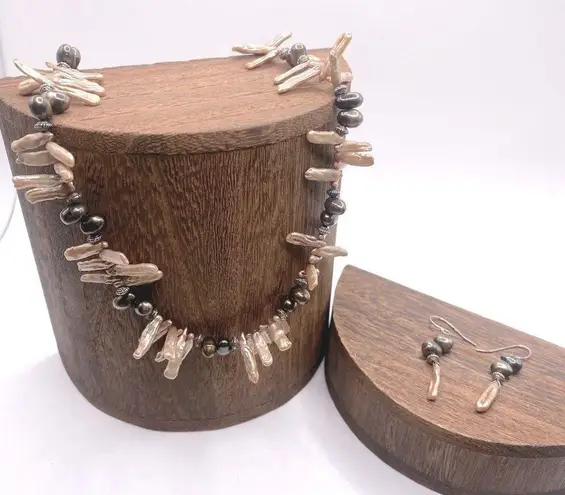 Handmade Natural Pearl Biwa Stick & Chocolate Necklace & Earring Set Boho Artsy Lagenlook