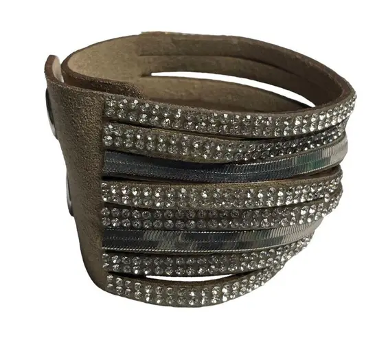 Wide Leather Cuff Bracelet Rhinestones Double Snap Closure Adjustable Fit u Fash Silver