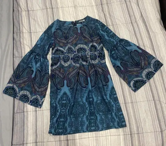 Vintage Blue  Bell Long Sleeve boho mini dress