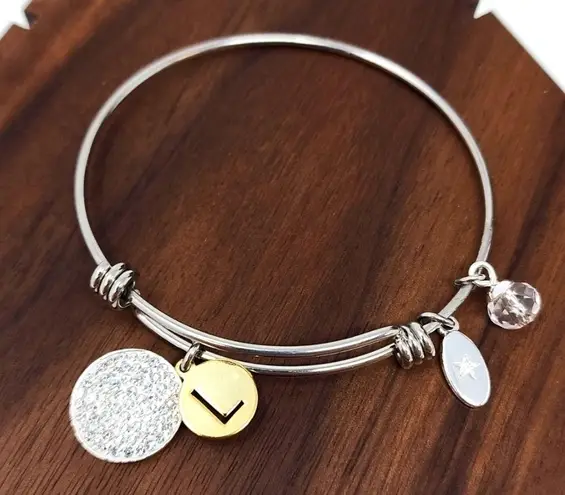 Unwritten  Pave & Initial Disc Bangle Bracelet Stainless Steel & Silver Plated