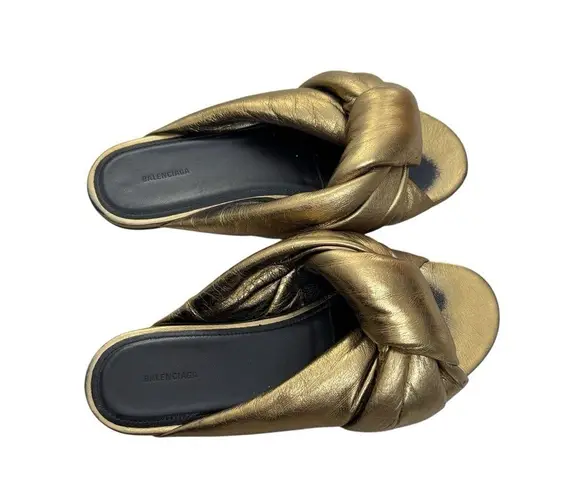 Balenciaga Drapy Gold Leather Slip On Slide Sandals