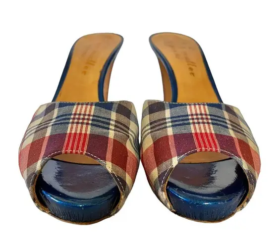 Bettye Muller Roulette Platform Slide Heels - Tartan Plaid Metallic Blue Mules