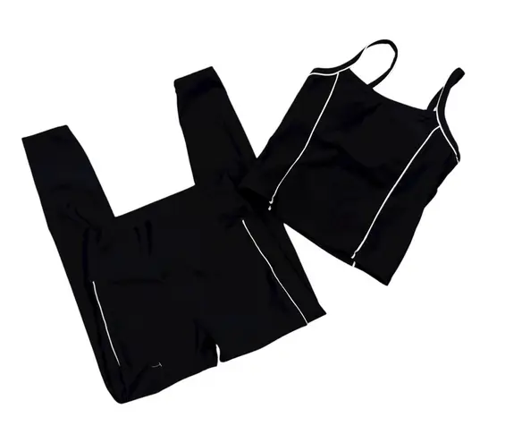 Wilo The Label Black Ribbed Tank Top & Leggings with White Piping Set, Sz M Size M