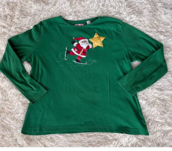 Christmas Holiday Long Sleeve Top XL/XG Santa Ice Skating Festive Green