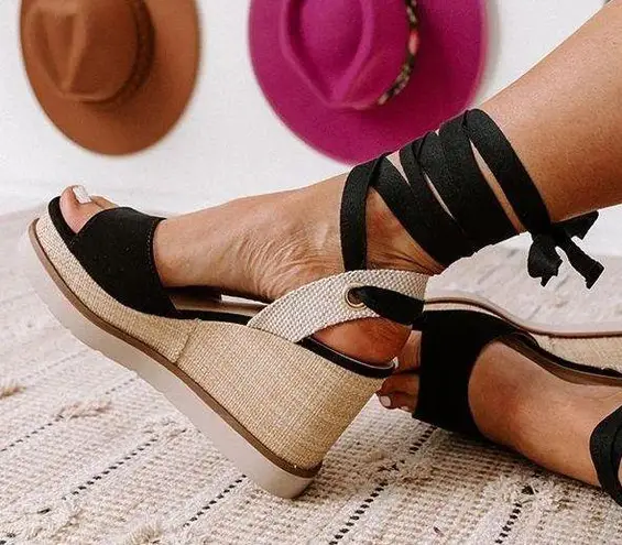 Soda Black Lace Up Wedge