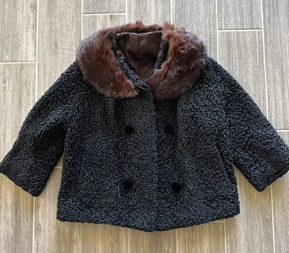 Vintage Curly Lamb Crop Jacket M Black Mink Collar Velvet Button 1950s Size M