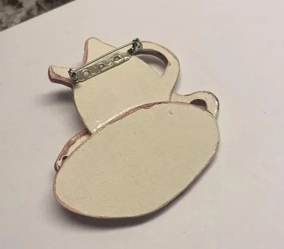 Hand Made Hand Crafted Ceramic Brooch Pin Pink Tea Set Hand Painted